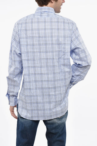 Plaid Motif Poplin Cotton Shirt with Spread Collar