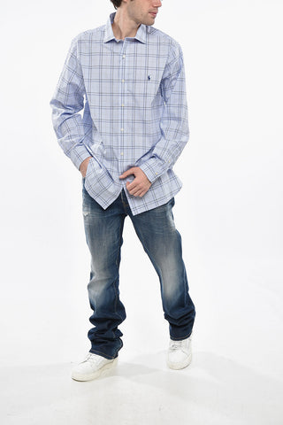 Plaid Motif Poplin Cotton Shirt with Spread Collar