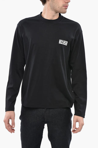 T-Shirt Girocollo in Cotone e Seta a Maniche Lunghe