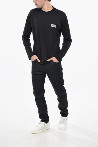 T-Shirt Girocollo in Cotone e Seta a Maniche Lunghe