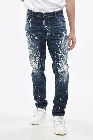 Bleached Effect Jeans SKATER with All-Over Rhinestones 17cm
