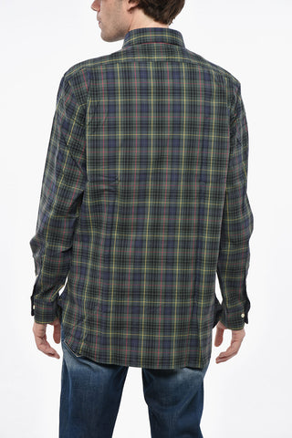 Cotton Poplin Shirt with Plaid Pattern and French Collar