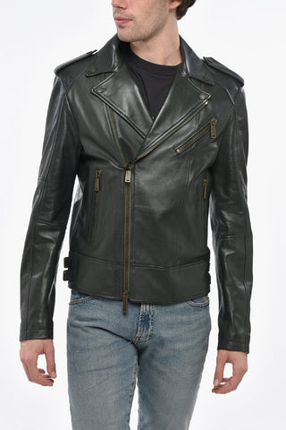 Giubbotto Biker in Pelle con Bottoni Logati
