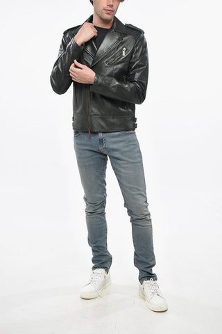 Giubbotto Biker in Pelle con Bottoni Logati