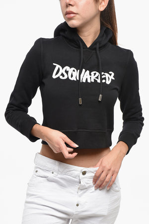 Felpa Hoodie Crop in Cotone Felpato con Logo a Contrasto