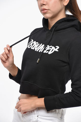 Felpa Hoodie Crop in Cotone Felpato con Logo a Contrasto
