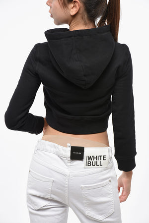 Felpa Hoodie Crop in Cotone Felpato con Logo a Contrasto