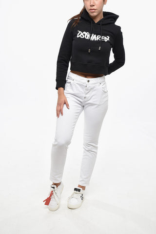Felpa Hoodie Crop in Cotone Felpato con Logo a Contrasto