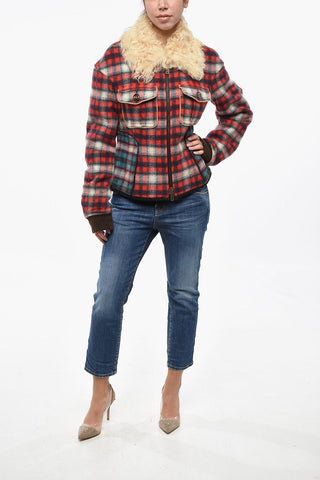 Checked Flannel Jacket with Fur Collar