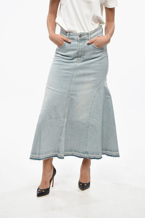 Denim Flared Maxi Skirt with Frayed Hem