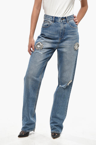 High-Waist Distressed-Jeans mit Schmuck 20cm
