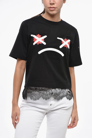 Cotton Crew-Neck T-Shirt EASY FIT printed with Lace at the Hem