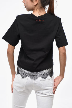 Cotton Crew-Neck T-Shirt EASY FIT printed with Lace at the Hem