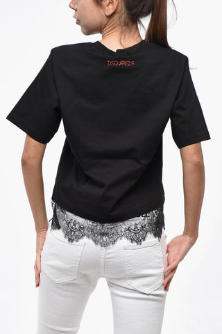 Cotton Crew-Neck T-Shirt EASY FIT printed with Lace at the Hem