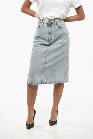 Denim Midi Skirt with Logo Button