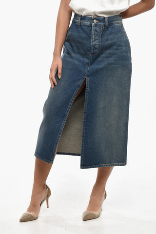 Denim Midi Skirt with Belt Loops and Front Slit