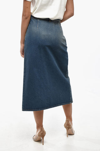Denim Midi Skirt with Belt Loops and Front Slit