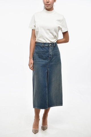 Denim Midi Skirt with Belt Loops and Front Slit