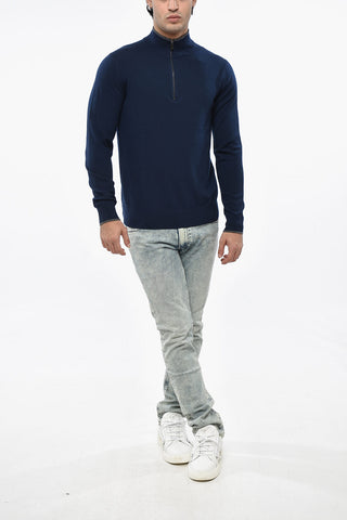 Solid Color Merino Wool Sweater with Half Zip