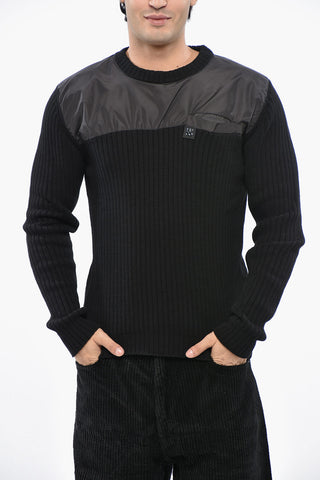 Ribbed Wool Crew-neck Sweater with Nylon Trim and Breast Pocket