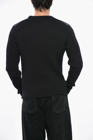Ribbed Wool Crew-neck Sweater with Nylon Trim and Breast Pocket