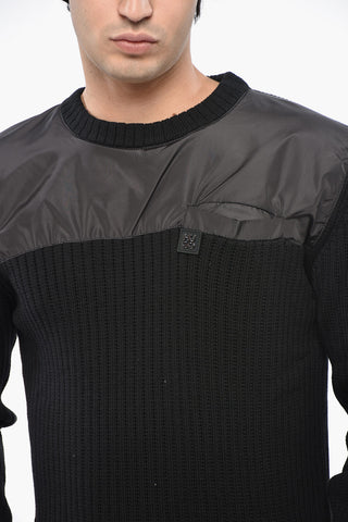 Ribbed Wool Crew-neck Sweater with Nylon Trim and Breast Pocket