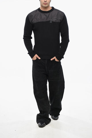 Ribbed Wool Crew-neck Sweater with Nylon Trim and Breast Pocket