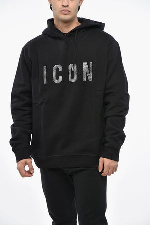 ICON Maxi Felpa Hoodie in Cotone Felpato con Monogram in Strass