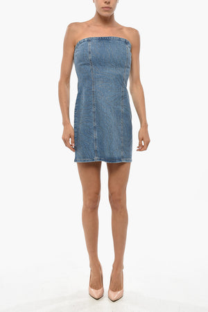 Mini Dress in Denim Senza Spalline con Strass