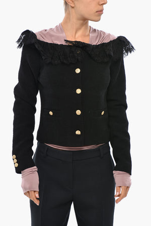 Twee Bouclé Off-Shoulder Blazer with Lace Detail