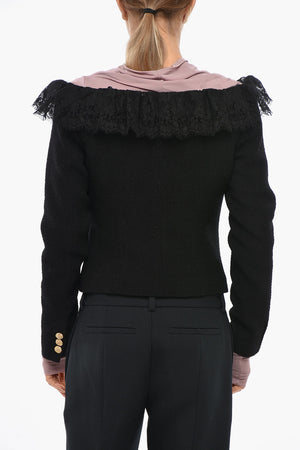 Twee Bouclé Off-Shoulder Blazer with Lace Detail