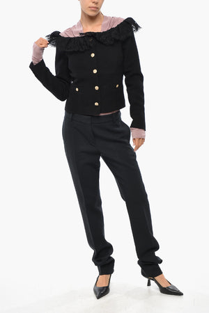 Twee Bouclé Off-Shoulder Blazer with Lace Detail