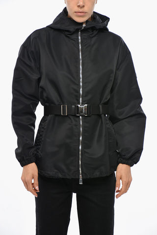 Hooded Full-Zip Nylon Jacket with Belt
