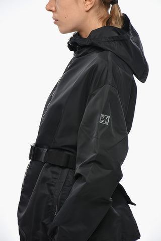 Hooded Full-Zip Nylon Jacket with Belt