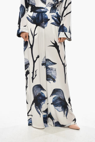 Floral Patterned Silk Palazzo Pants with Elastic Waistband