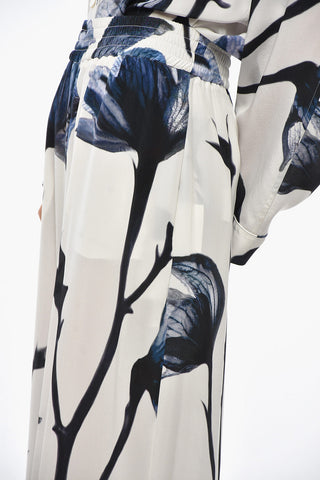 Floral Patterned Silk Palazzo Pants with Elastic Waistband