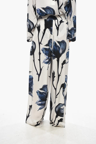 Floral Patterned Silk Palazzo Pants with Elastic Waistband