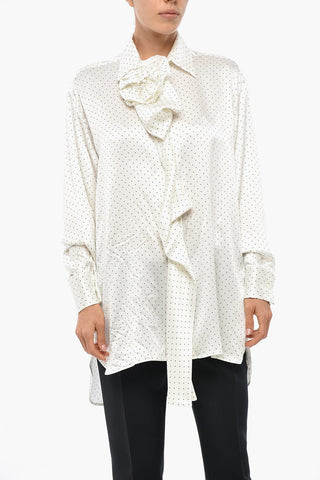 Silk Satin Ruffle Front Shirt with Polka Dot Motif