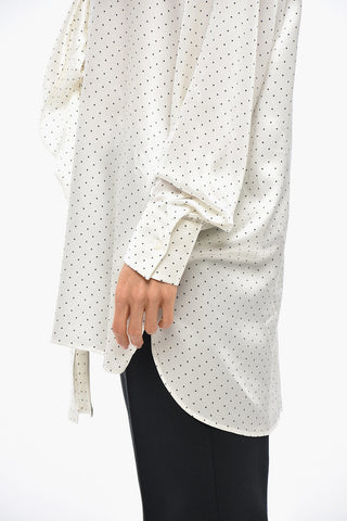 Silk Satin Ruffle Front Shirt with Polka Dot Motif