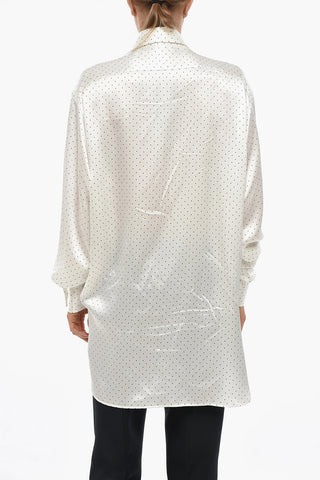 Silk Satin Ruffle Front Shirt with Polka Dot Motif