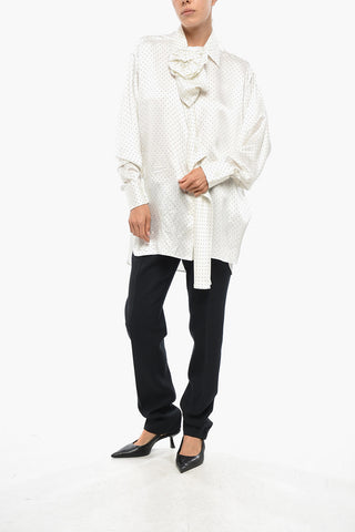 Silk Satin Ruffle Front Shirt with Polka Dot Motif
