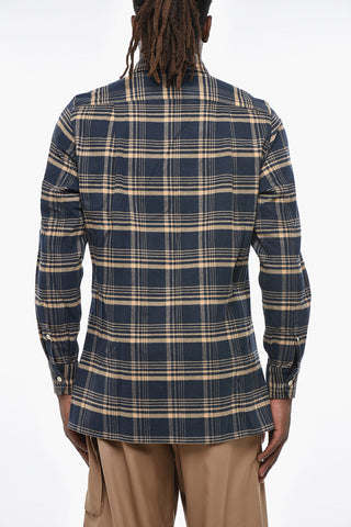 Cotton Flannel Shirt with Plaid Pattern and Double Pocket