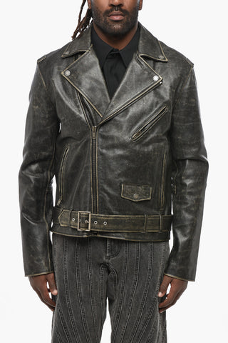 Vintage Effect Leather Jacket with Animal Patterned Lining