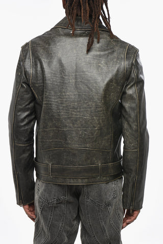 Vintage Effect Leather Jacket with Animal Patterned Lining