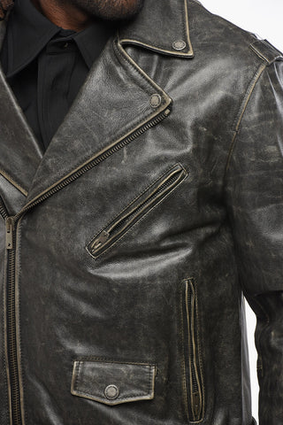 Vintage Effect Leather Jacket with Animal Patterned Lining