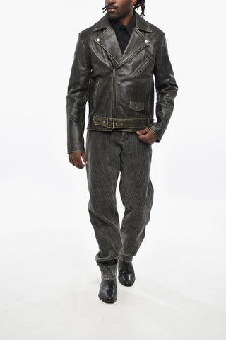 Vintage Effect Leather Jacket with Animal Patterned Lining