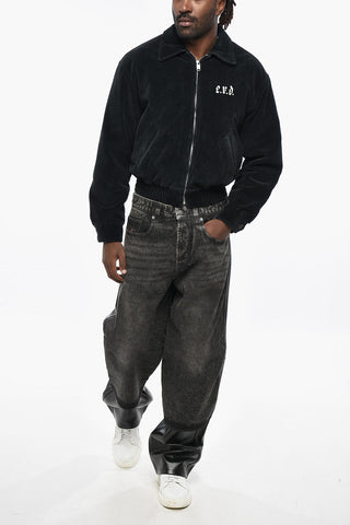 Bomber in Velour a Coste con Logo Stampato