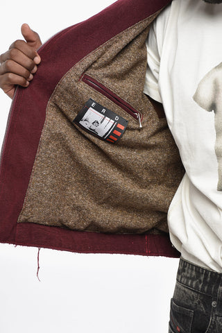 Giubbotto Effetto Vintage con Colletto in Velour a Coste e Stampa sul Retro