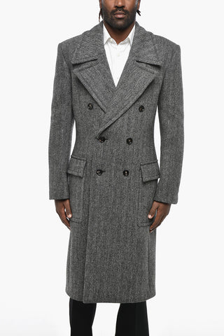 Herringbone Motif Wool Double-Breasted Blazer