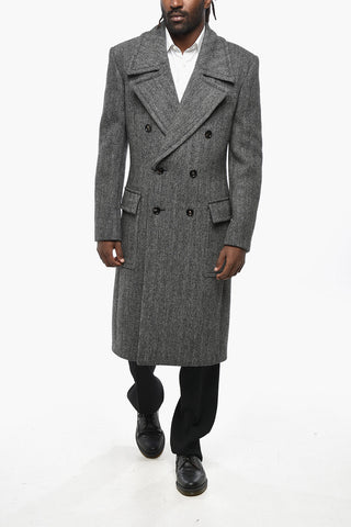 Herringbone Motif Wool Double-Breasted Blazer